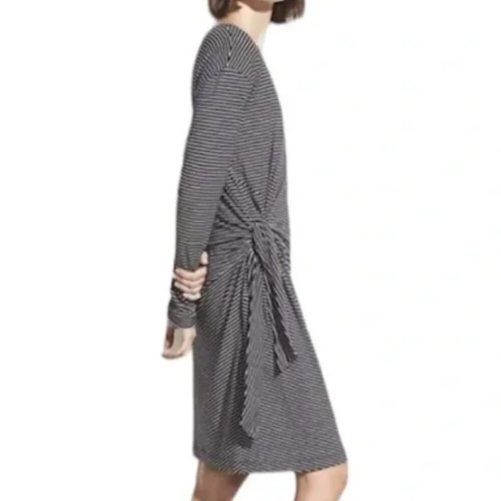 VINCE Small Black White Striped Long Sleeve Cotton Gathered Tie Waist Midi Dress